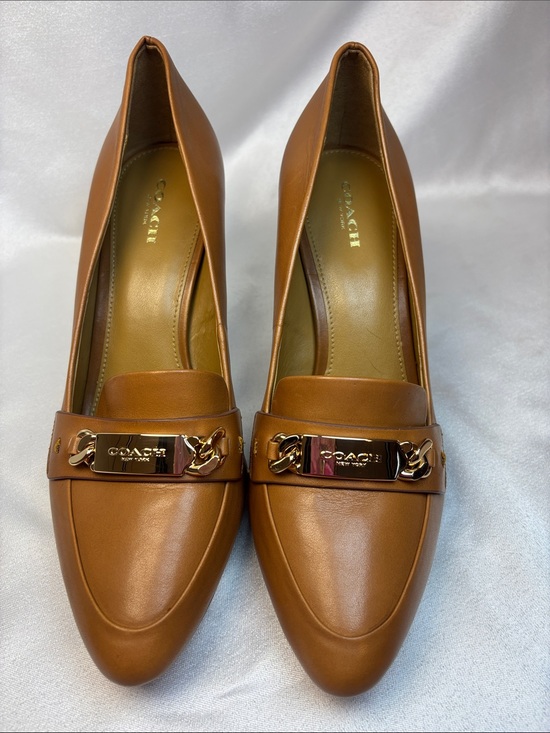 Coach Shoes - COACH Caramel Leather Heels with Gold Chain Plaque